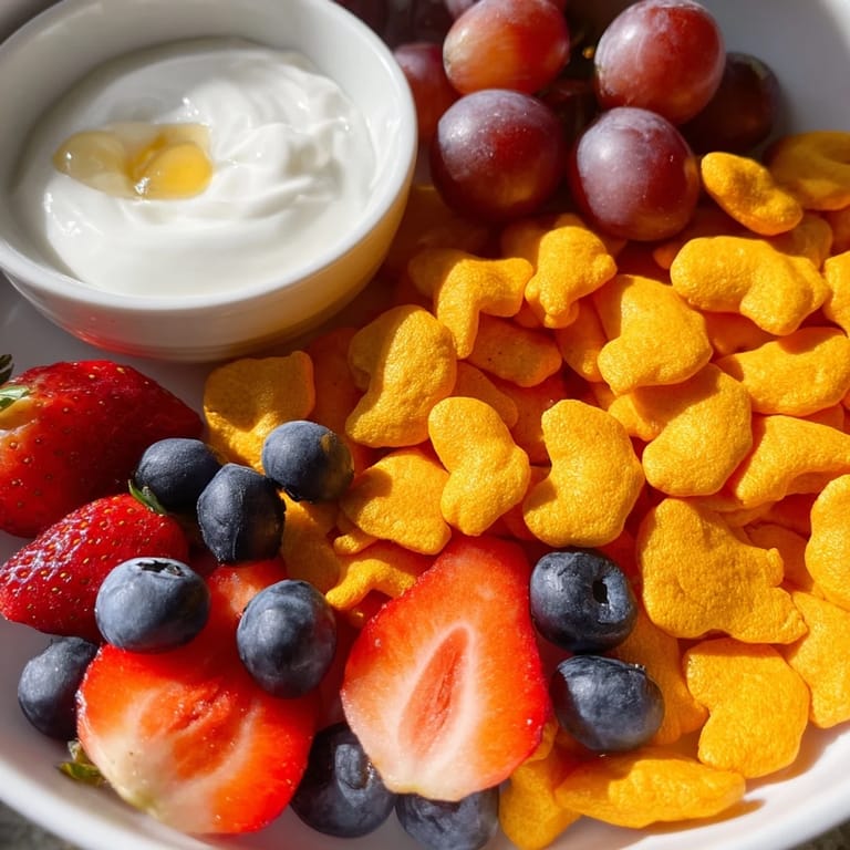 Playful pile of rainbow Goldfish crackers, accented with berries, grapes, and a yogurt dip.