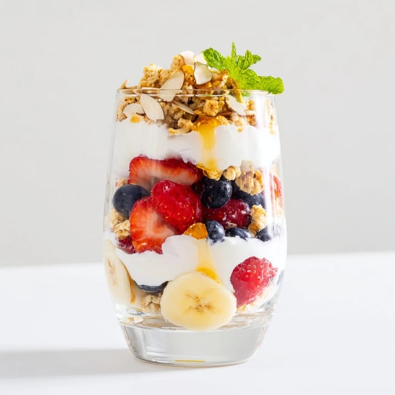A beautiful view: Yogurt and granola parfait glasses brimming with colorful fruit and crunchy granola, ready to eat.