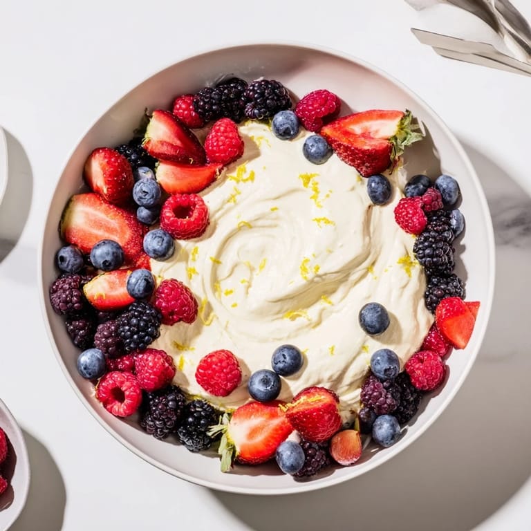 A close-up of light and airy fluffy cream cheese fruit dip, ready to enjoy with a variety of fruits.