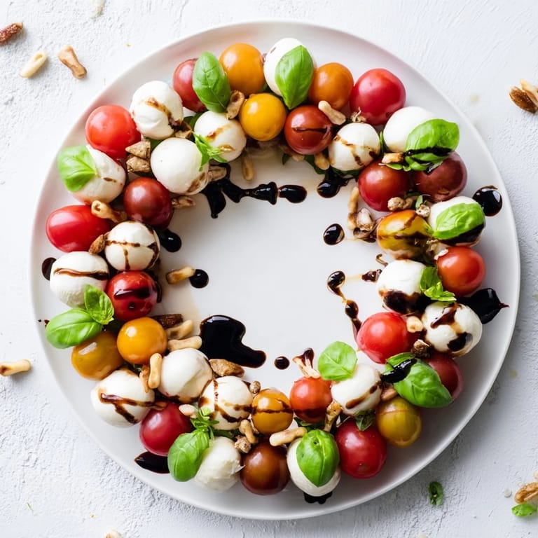 A beautifully arranged Appetizer Wreath: Cherry Tomato and Basil Ring features colorful tomatoes, mozzarella, and fresh basil, ready for your party.