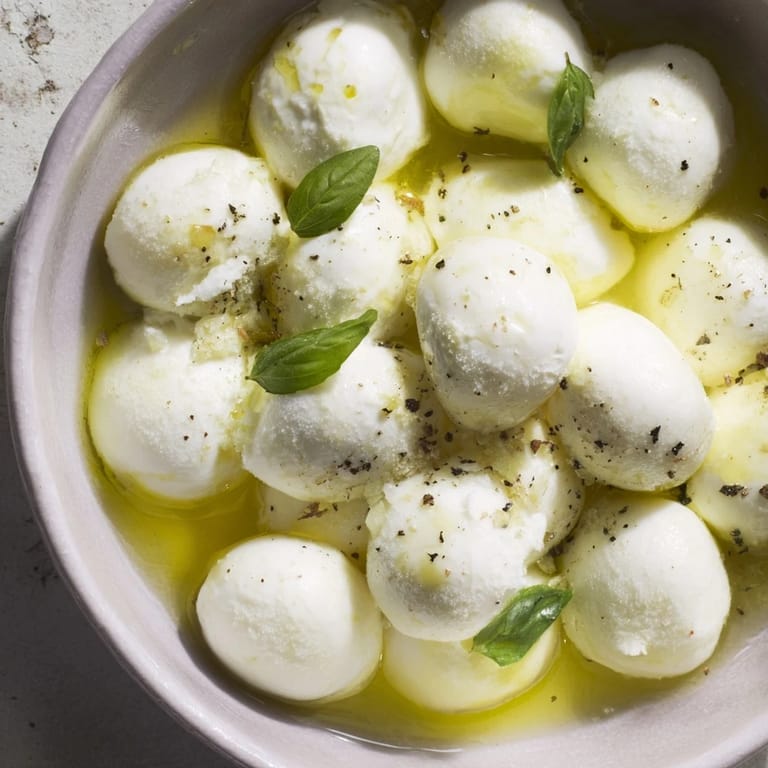 Seasoned mozzarella pearls nestled in a bowl, a refreshing appetizer; perfect for a quick snack.