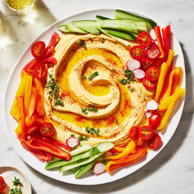 Fresh vegetables and creamy hummus form an elegant River Delta Flow appetizer, perfect for a party.