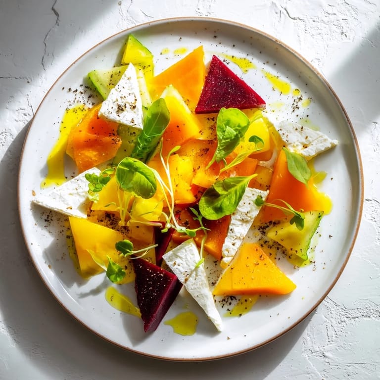 Fresh, artistic The Cubist Deconstruction appetizer drizzled with olive oil, ready for a flavorful bite.