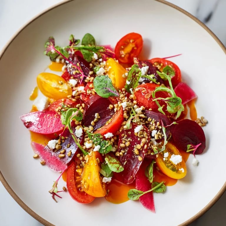 This vibrant Abstract Expressionist Splash salad showcases a playful mix of fresh, flavorful ingredients, ready to eat.