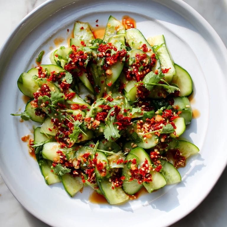 Vibrant Cucumber Shaker Salad presented with a generous chili crisp topping, perfect for warm weather.