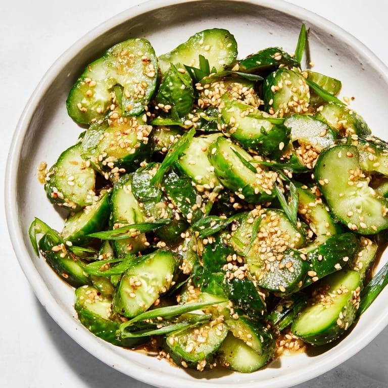 Bright green bite-sized pieces of Cucumber Shaker, boasting savory flavors and a drizzle of oil.