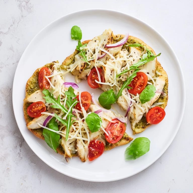 This delicious pesto chicken flatbread features melted mozzarella and savory, tender chicken pieces.