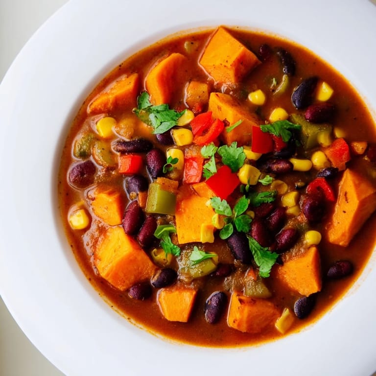 Close-up image of a delicious Smoky Sweet Potato Chili, showcasing its depth of flavor and texture.