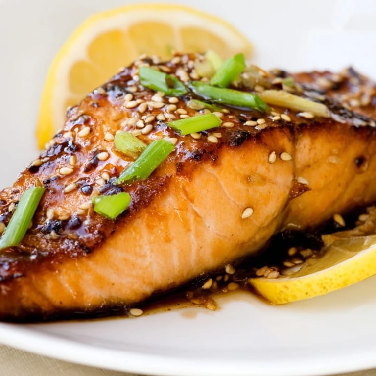 Enjoy pan-seared Ginger Soy Glazed Salmon, the glaze coating the flaky, perfectly cooked salmon fillet.