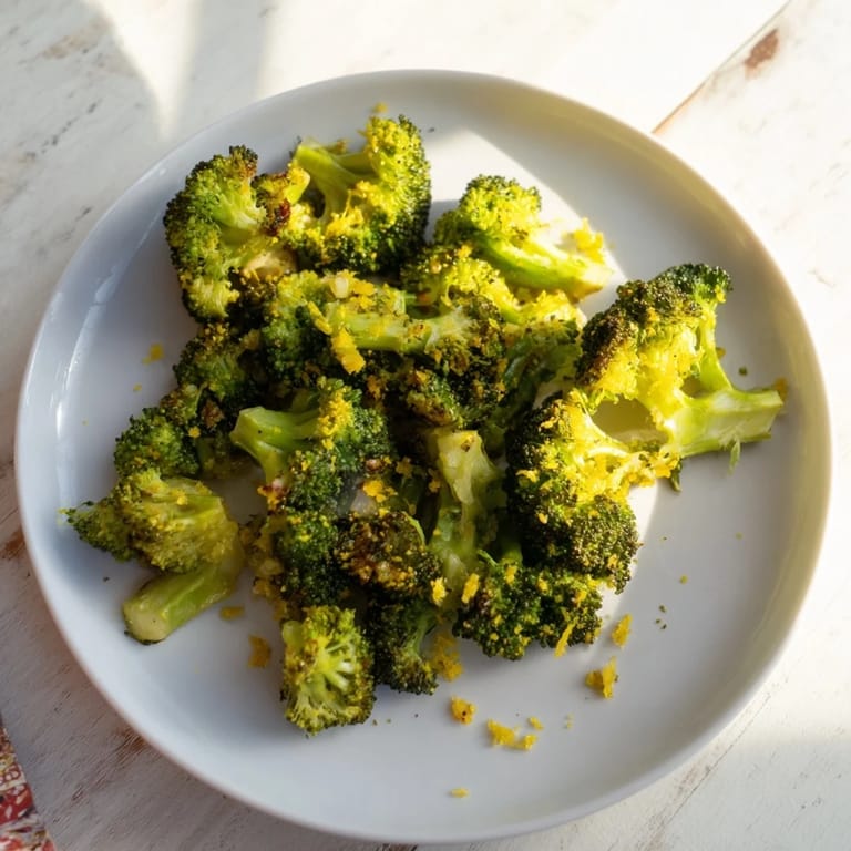 A close-up of vibrant Lemon Garlic Roasted Broccoli, perfectly roasted with garlic and lemon zest.