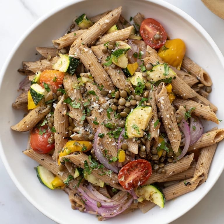 Warm and flavorful lentil pasta featuring vibrant roasted vegetables and soft lentils, ready to serve.