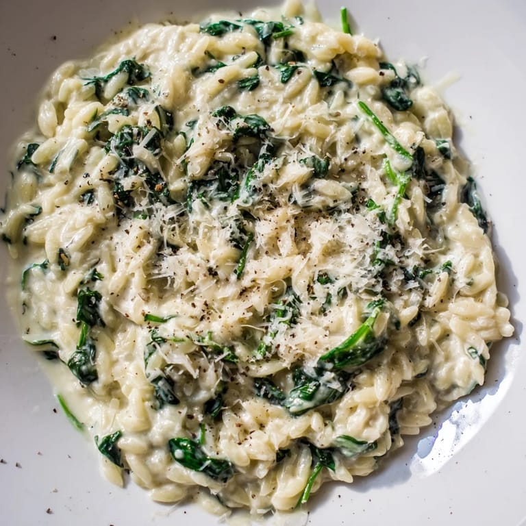 This creamy spinach orzo boasts a rich, cheesy sauce with tender pasta and bright green spinach.