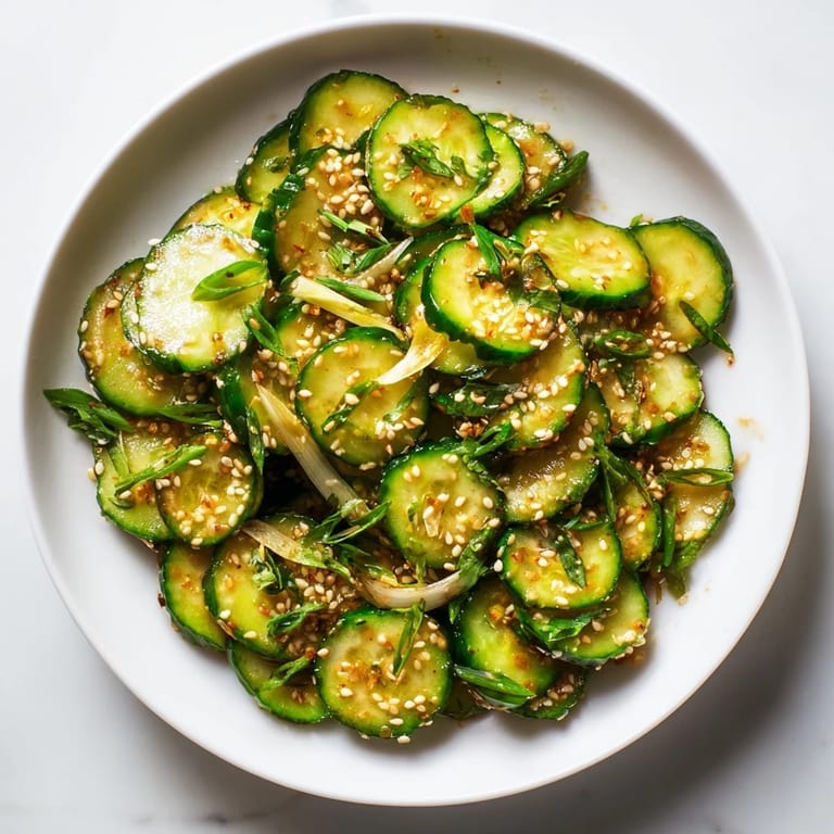 Tangy Zesty Shake Cucumber Salad, garnished with sesame seeds; a refreshing Asian-inspired side dish.