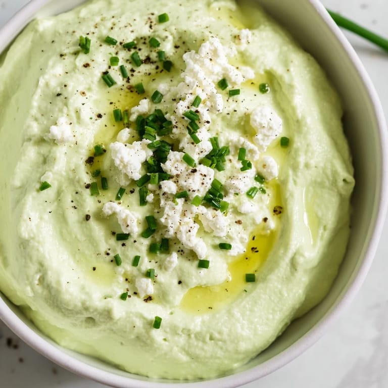 Vivid green Avocado Cottage Cheese Dip, perfectly blended with fresh chives, is ready for your tortilla chips.
