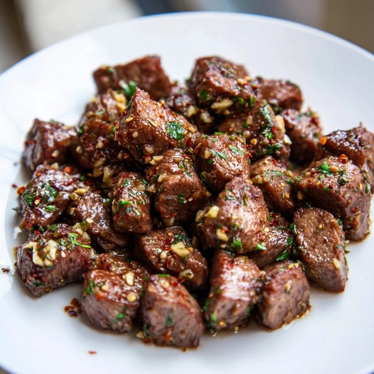 Enjoy a plate of luscious Garlic Butter Steak Bites, ready to enjoy with crusty bread.