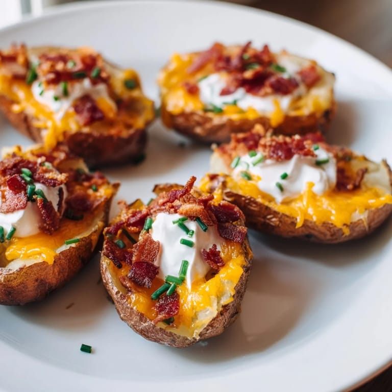 Perfectly baked Loaded Baked Potato Skins topped with sour cream and chives, ready to eat and enjoy.