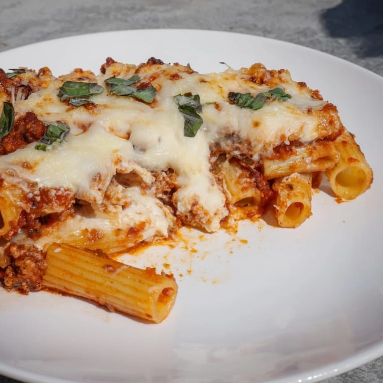 Golden-brown, bubbly Cheesy Baked Ziti layered with creamy ricotta, perfect for a hearty vegetarian meal.