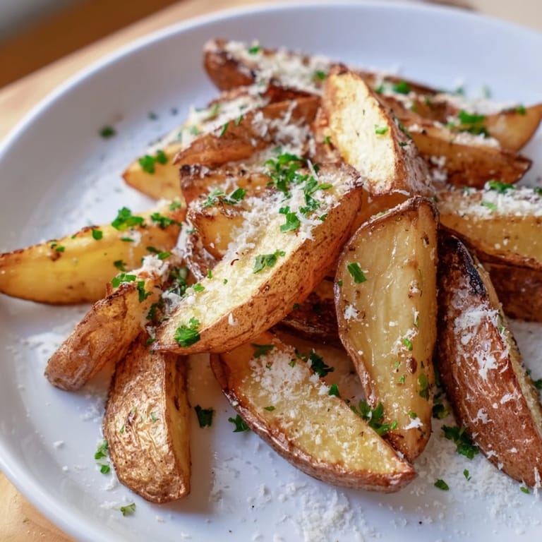 Oven-baked Rosemary Parmesan Potato Wedges, aromatic with rosemary, ready to be served hot.