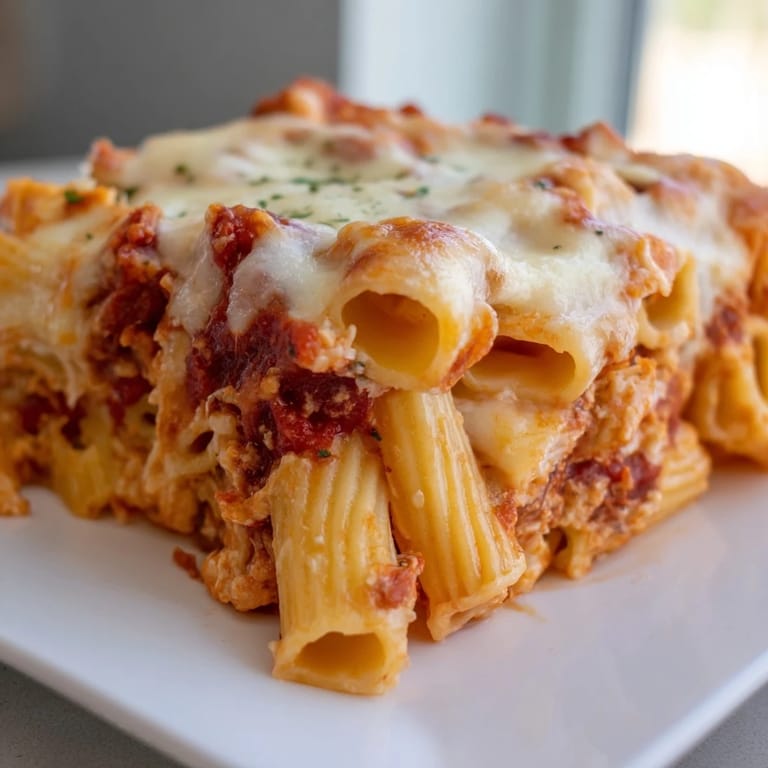 Homemade Four Cheese Baked Pasta, the cheesy baked pasta dish offering a comforting, aromatic Italian meal.