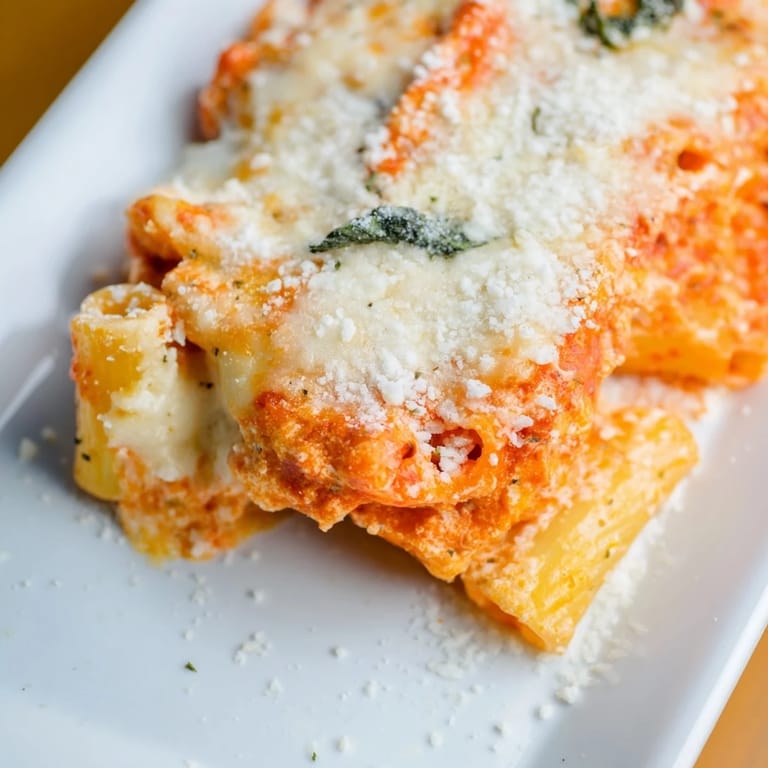 Golden-topped Four Cheese Baked Pasta, served steaming hot from the oven, offering a taste of authentic Italian comfort food.