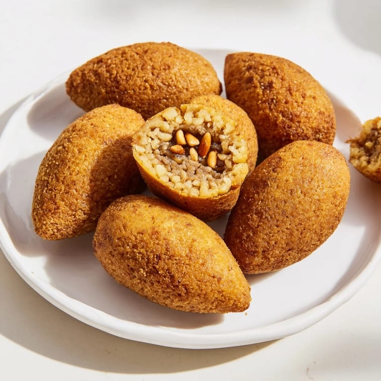 Close up of freshly fried Lebanese Kibbeh, showcasing a flavorful, golden, textured crust for your enjoyment.