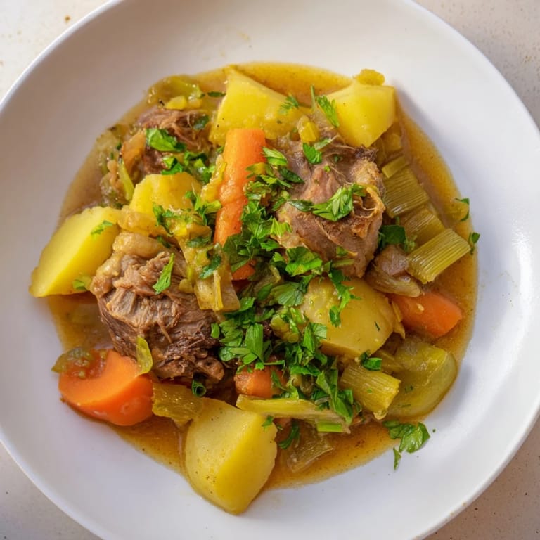 A steaming bowl of Welsh Cawl stew, filled with hearty lamb and vegetables, ready to serve.