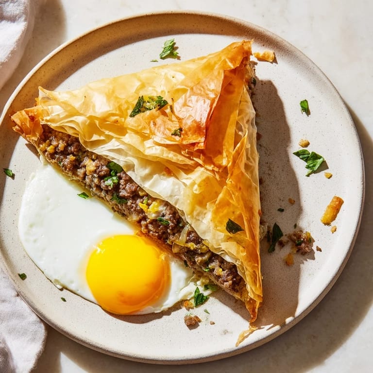 Mouthwatering image of fresh-made Tunisian Brik, ready to eat, with a perfectly cooked egg.
