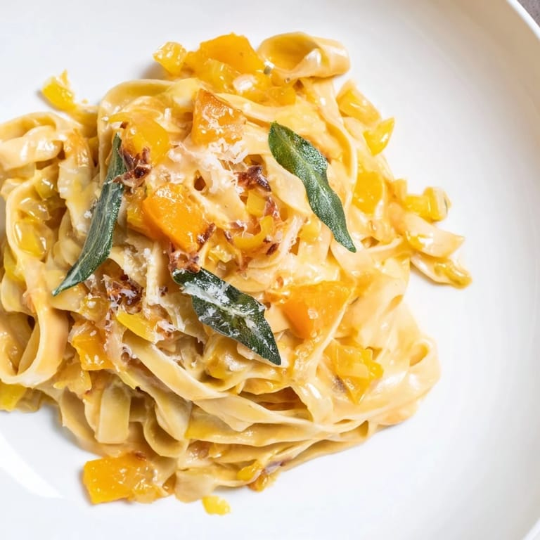 A steaming bowl of butternut squash pasta, ready to warm you with its comforting flavors.