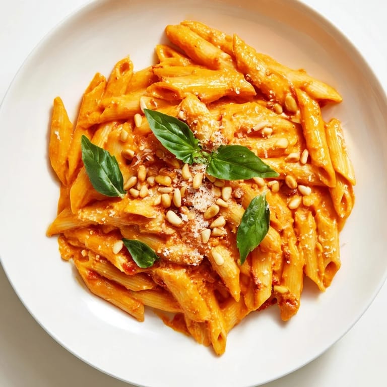 Creamy, vibrant sun-dried tomato pesto coats delicious pasta, garnished with fresh basil leaves.