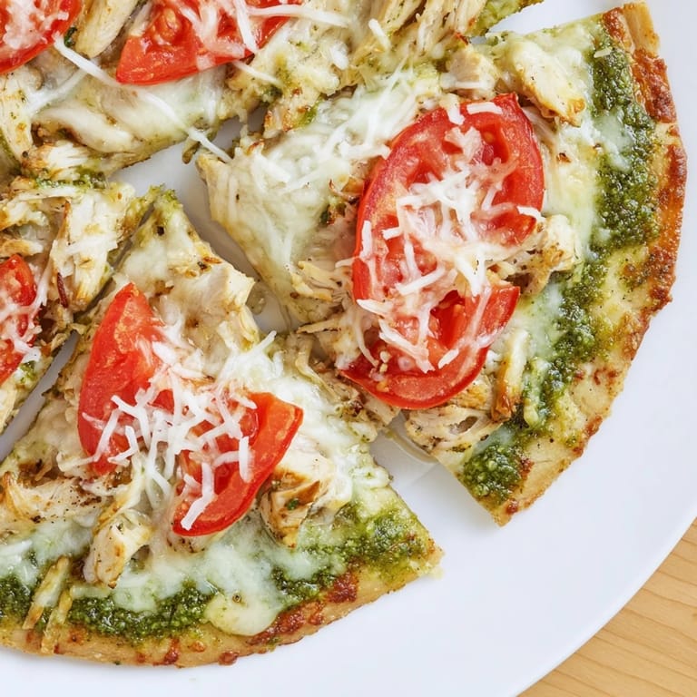 Slices of tender chicken and vibrant green pesto top a crispy baked Chicken Pesto Pizza.