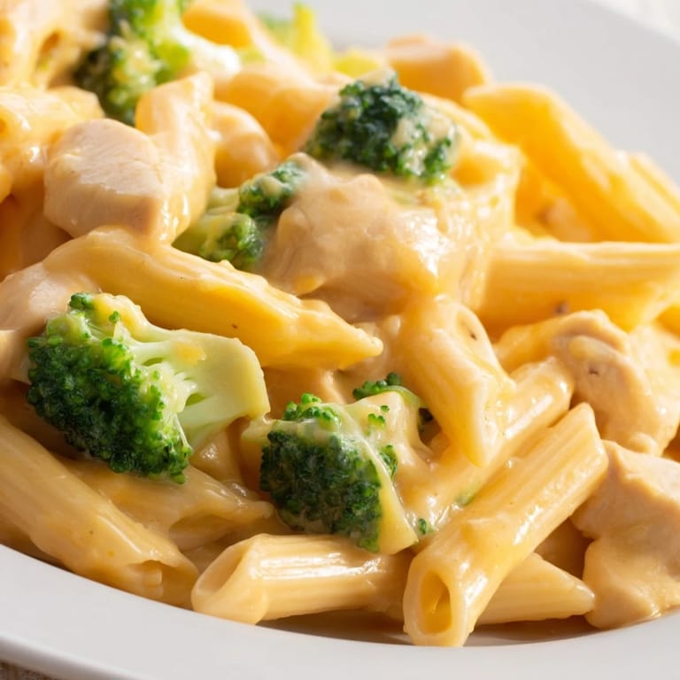 Steaming bowl of cheesy pasta with sautéed chicken and broccoli, highlighting the rich sauce and vibrant colors.