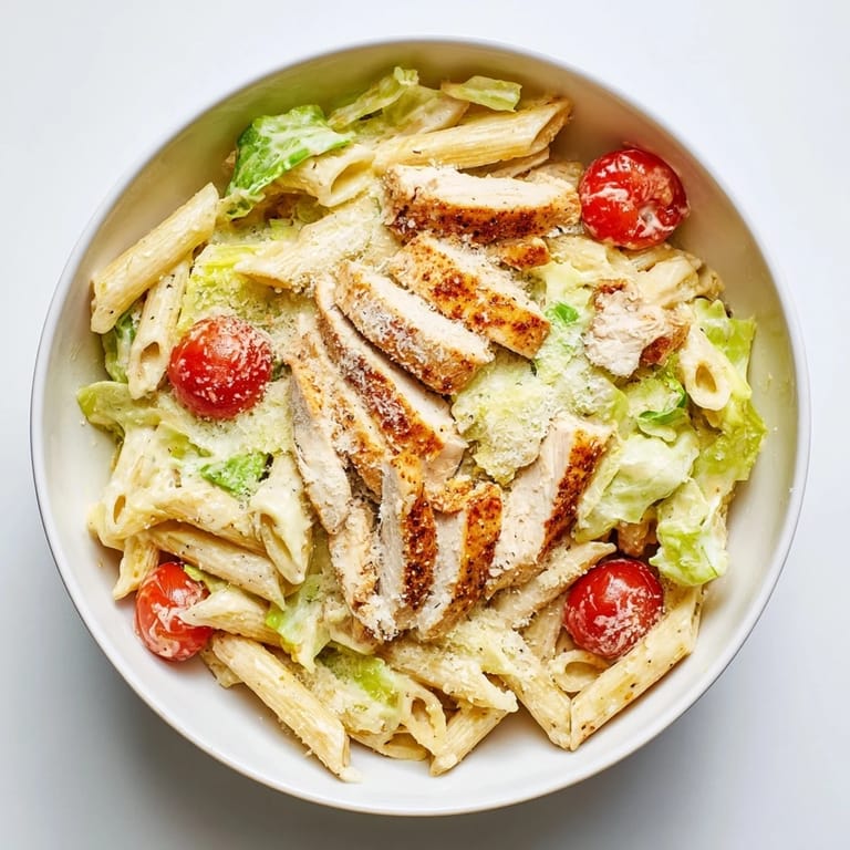 A vibrant serving of Spicy Chicken Caesar Pasta features spicy grilled chicken, romaine lettuce, and a creamy Caesar dressing tossed with pasta.