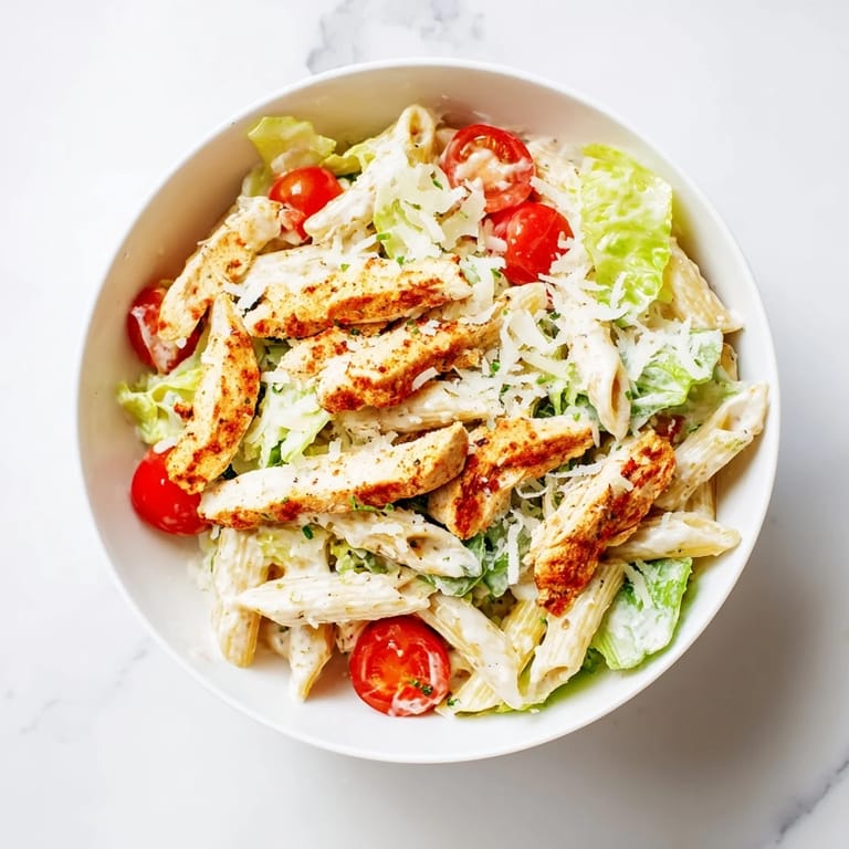 Freshly cooked Spicy Chicken Caesar Pasta served in a white bowl, garnished with cherry tomatoes, Parmesan, and optional croutons.