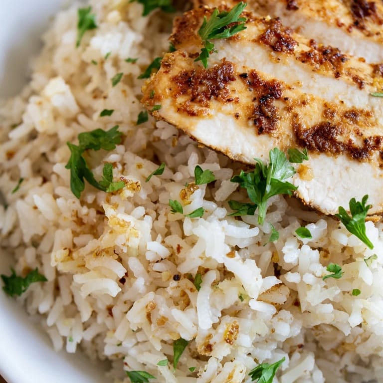 Golden garlic butter rice with juicy chicken, ready to serve for a comforting international family meal.
