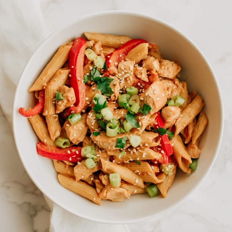 A close-up of Sweet Chili Chicken Pasta garnished with fresh green onions and sesame seeds, served hot as a fusion main dish.  