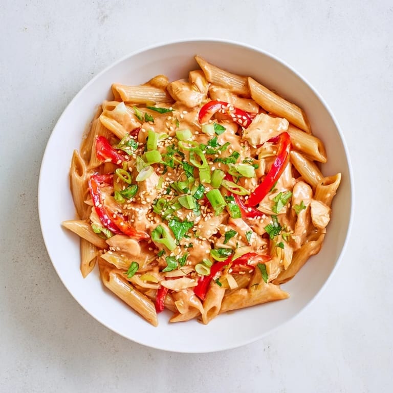 Savory Sweet Chili Chicken Pasta with golden chicken pieces and glossy sauce, plated beside a glass of crisp white wine.