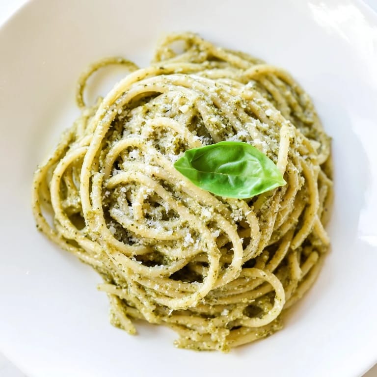 A close-up of Creamy Sunflower Seed Pesto Pasta twirled on a fork, showcasing the rich, nutty pesto clinging to each noodle.  