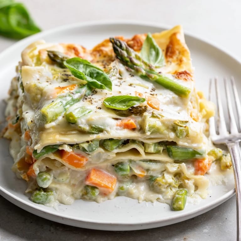 Close-up of Spring Veggie Alfredo Lasagna showing tender no-boil noodles, ricotta, and vibrant spring vegetables in a creamy white sauce.