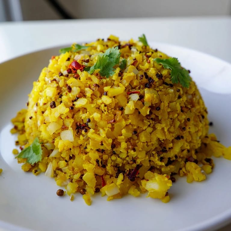 Golden turmeric cauliflower rice with sautéed onions and garlic, finished with fresh herbs and a bright squeeze of lemon.