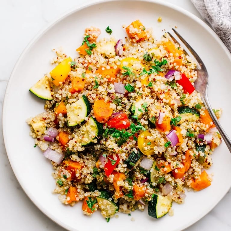 Aromatic quinoa vegetable pilaf with tender roasted cherry tomatoes and spices, perfect as a gluten-free side or vegetarian main.