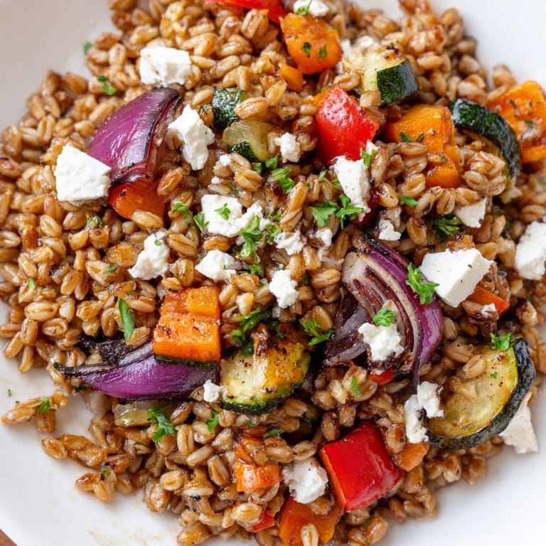 A close-up of Farro With Roasted Vegetables shows caramelized edges on zucchini and bell peppers.