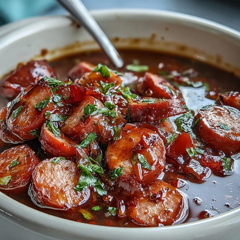 Delicious Crock Pot BBQ Cocktail Sausage Soup, loaded with smoky, sweet, and tangy goodness.