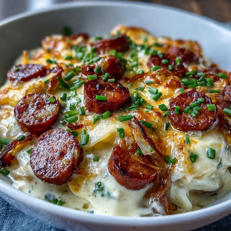 Hearty Crockpot Pierogi Casserole With Kielbasa, ready to be scooped.