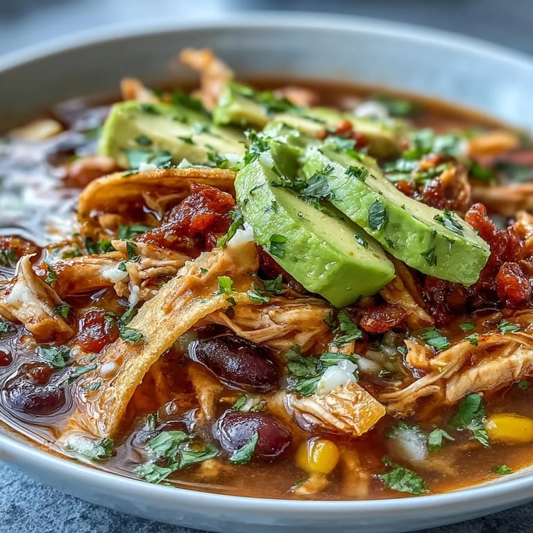 Flavorful Instant Pot Chicken Tortilla Soup, showcasing tender chicken and warm spices.