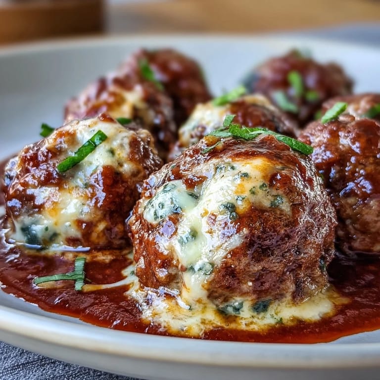 Comforting cheesy, garlicky meatballs with marinara, bubbling hot and ready to serve.