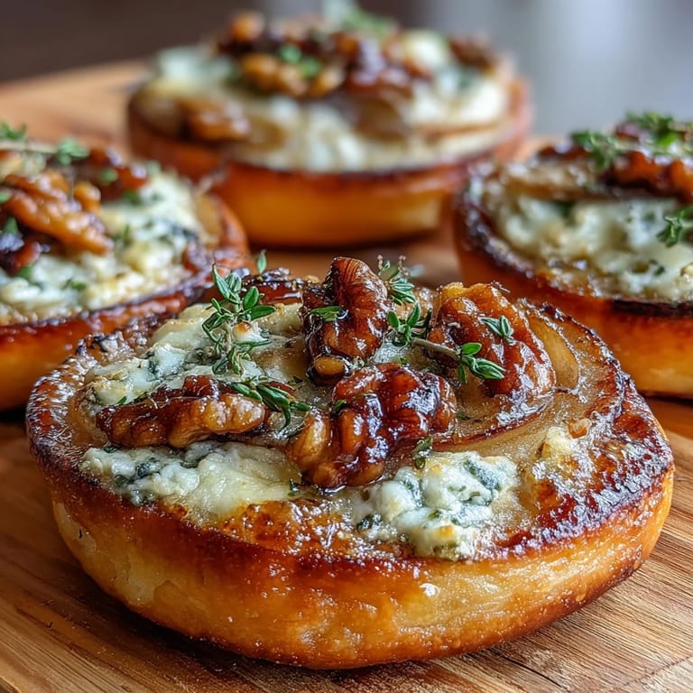 Close-up view of a round Pear, Gorgonzola, and Pickled Walnut Pizzette topped with sliced pears and pickled walnuts.