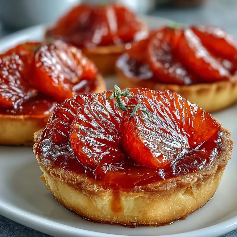 Overhead view of Blood Orange Tarts, featuring rich vanilla custard and juicy blood orange rounds on a rustic wooden table.