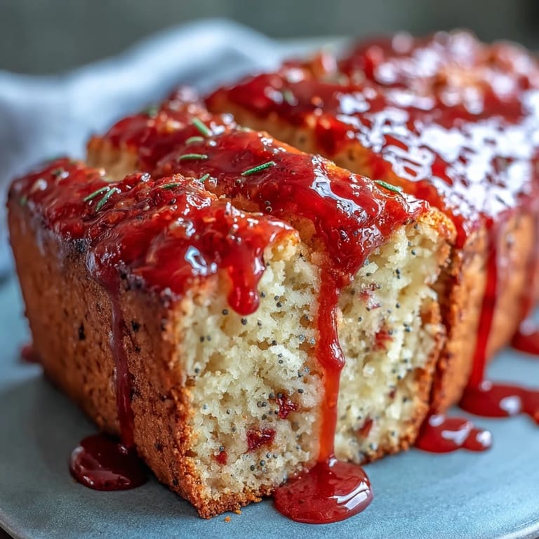 Fresh blood orange glaze drips over a golden loaf cake, highlighting poppy seeds and marzipan swirls for a vibrant brunch dessert.
