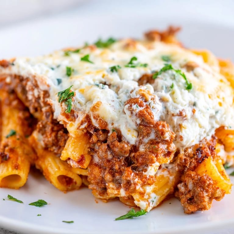 A close-up of golden-brown Baked Ziti with Meat Sauce, a hearty Italian-American comfort dish.