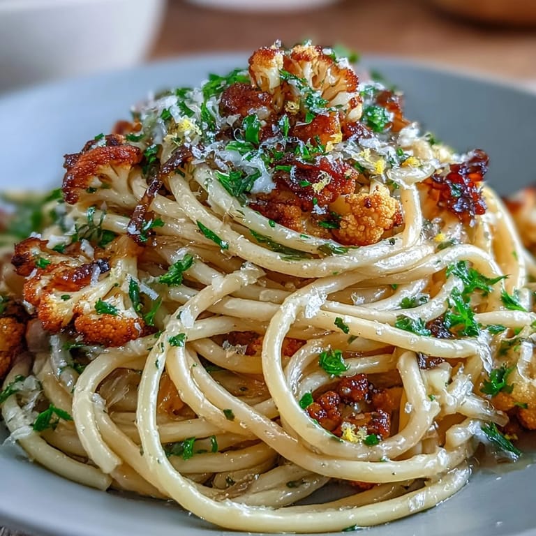 Savory anchovy and sweet raisin create an umami sauce for this low-calorie Cauliflower, Anchovy and Raisin Spaghetti main dish.